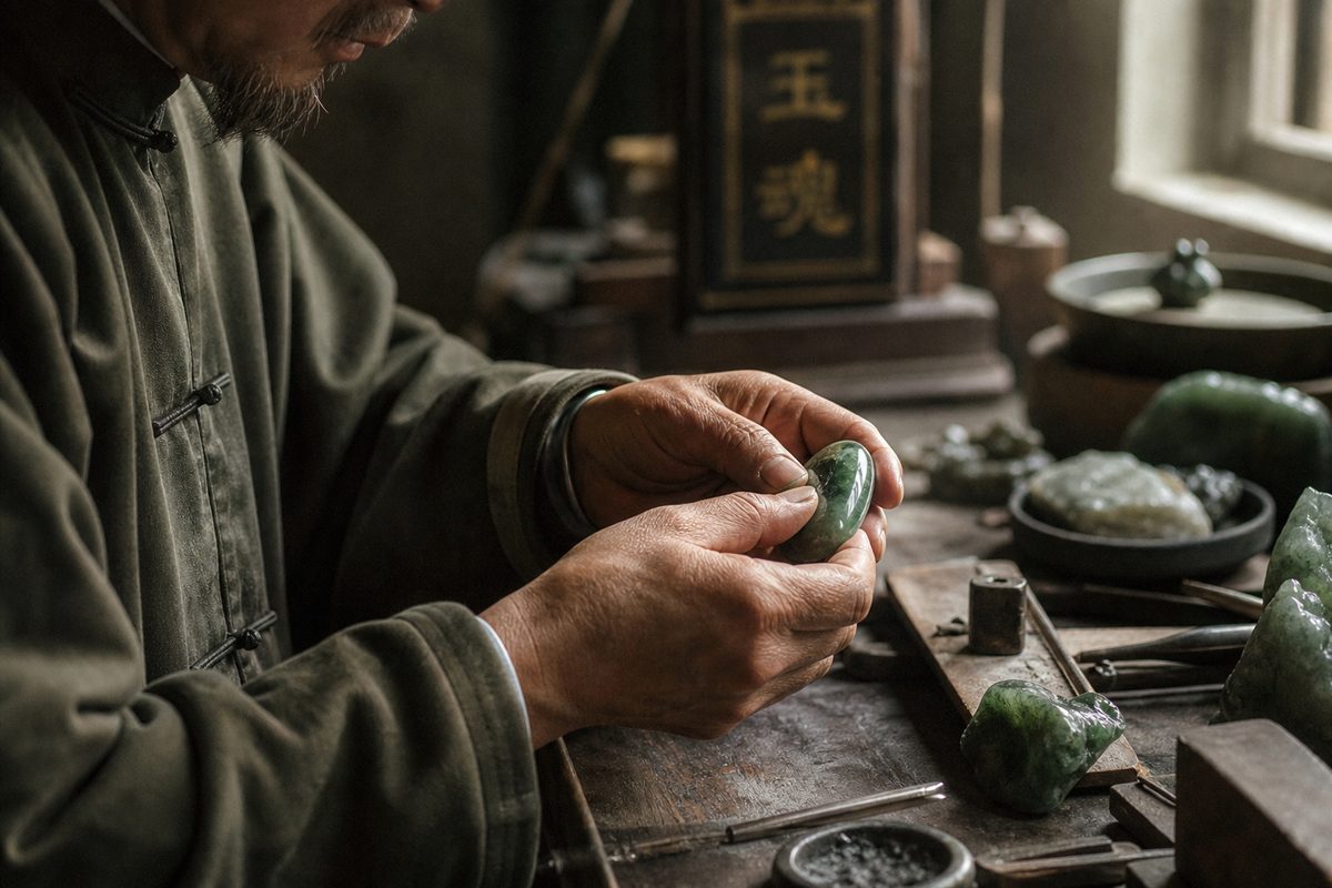 Artisan vietnamien polissant une pierre de jade