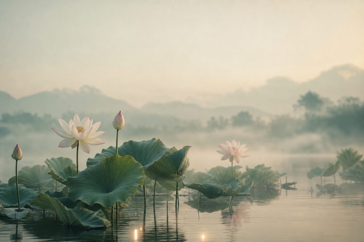 Étang de lotus dans la brume au Vietnam
