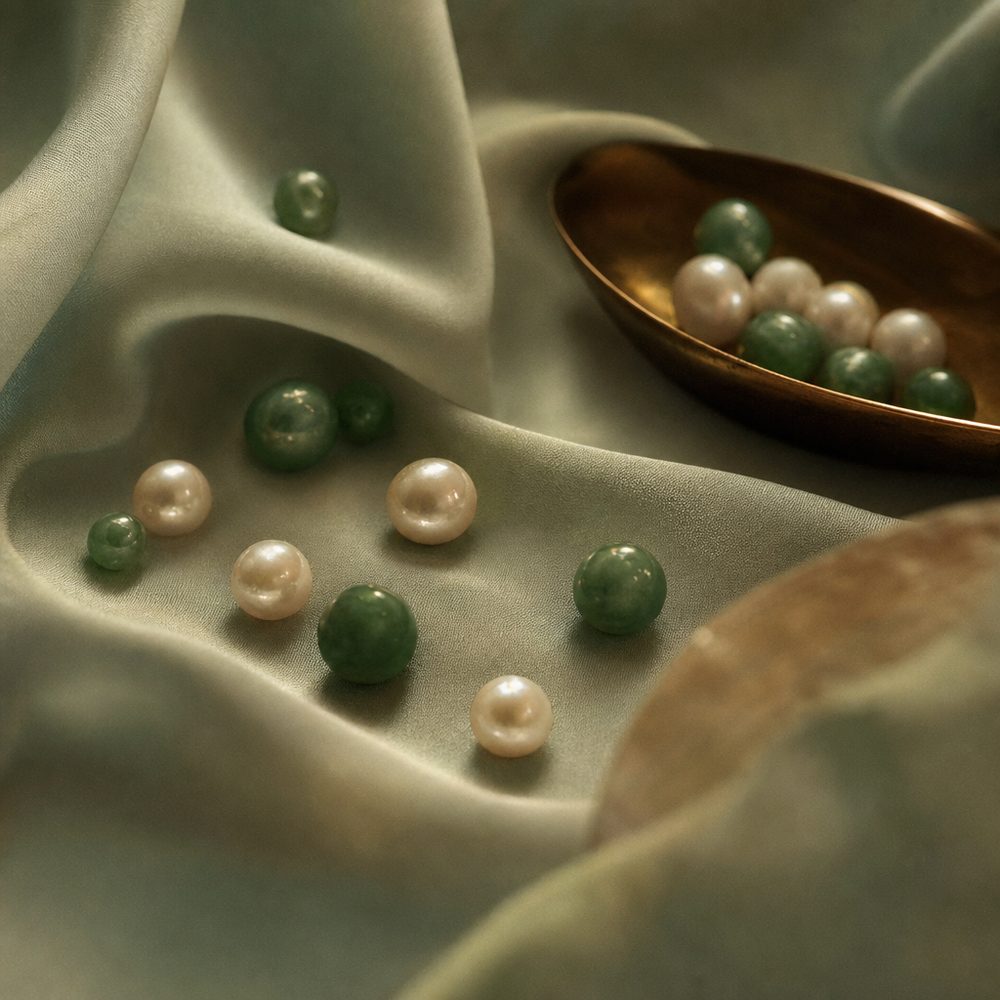 Perles d’eau douce et jade sur soie