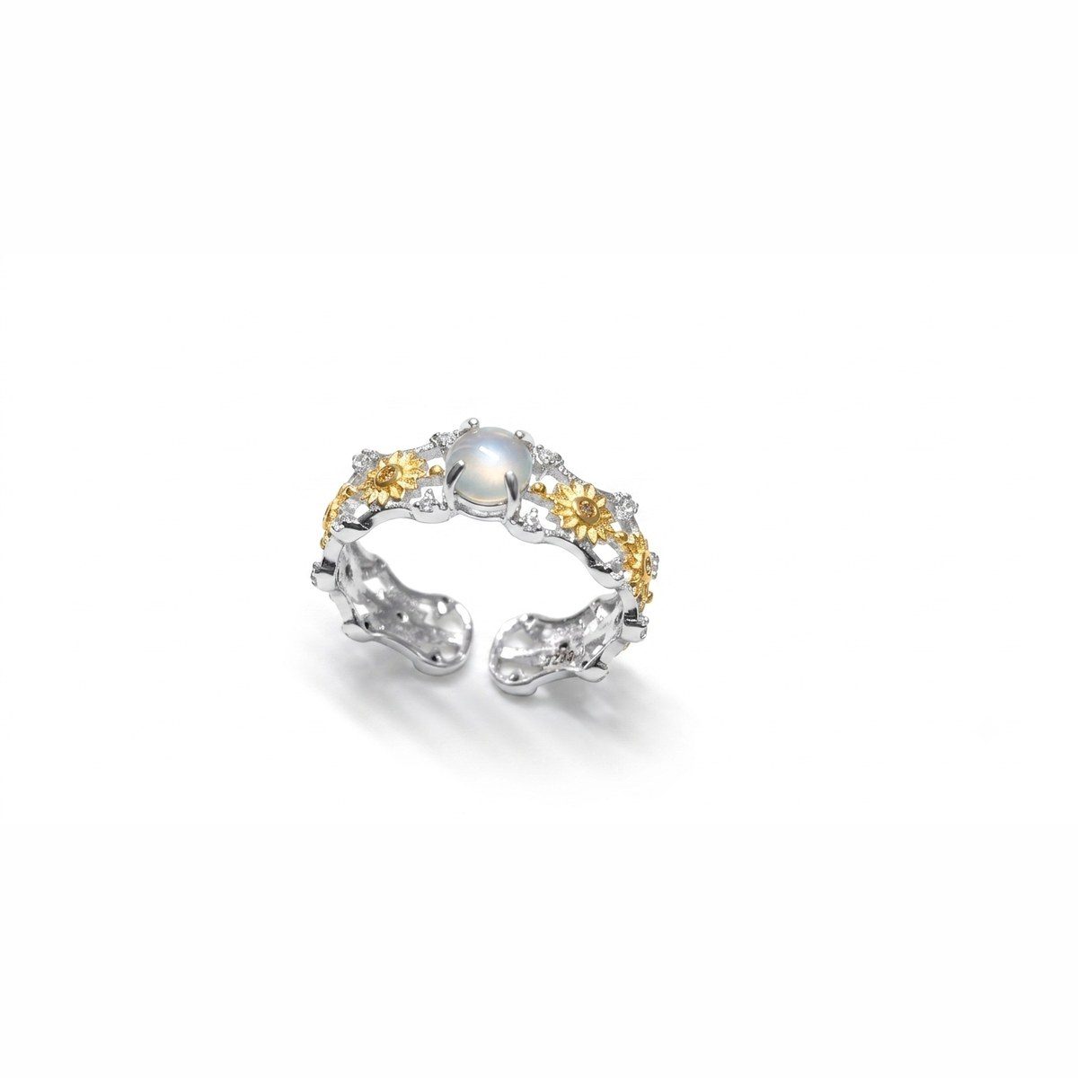 Bague Jardin doré — Pierre de lune & tournesols dorés
